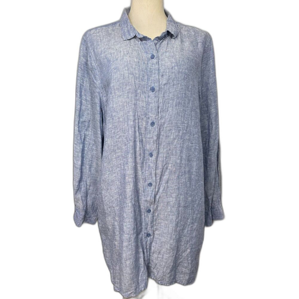 Garnet Hill Easy Linen Tunic Shirt Dress L Blue Chambray Button Up Long Coastal